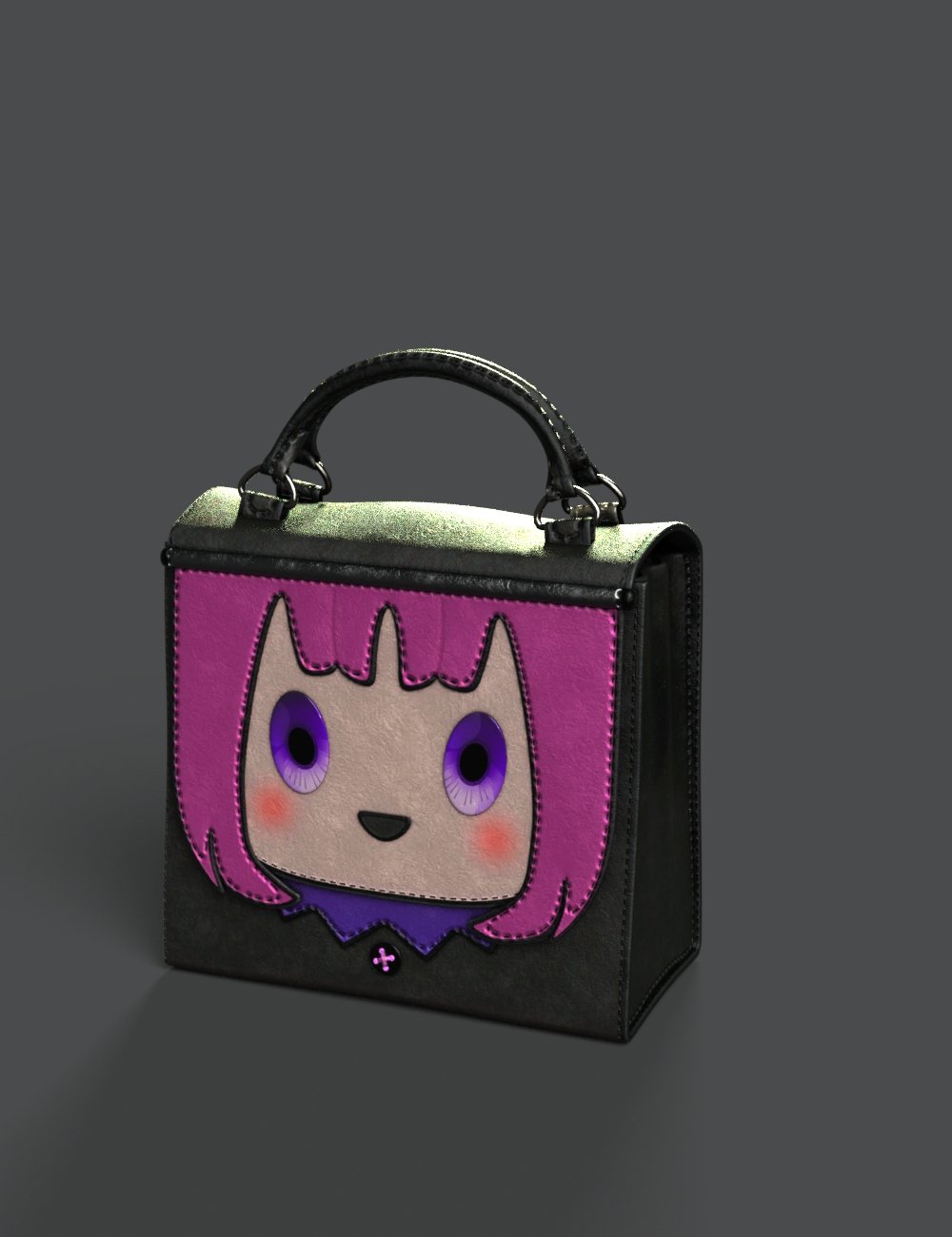 A stylish 3D rendered anime-inspired girl bag featuring a cute character face with pink hair and large purple eyes, perfect for digital art and 3D asset projects.