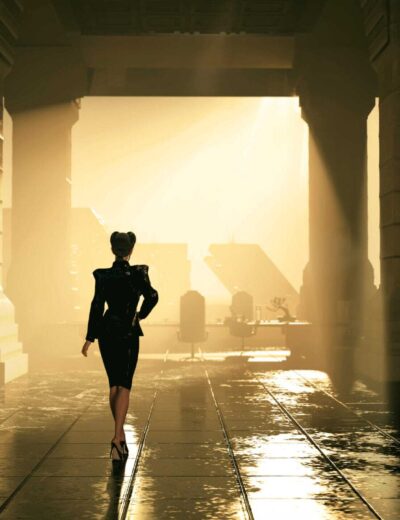 Woman walking confidently through majestic sunlit architecture symbolizing transition and self-discovery.