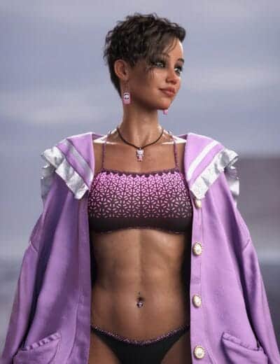 Stylish woman in lavender coat and swimwear, blending elegance and beachside summer fashion.