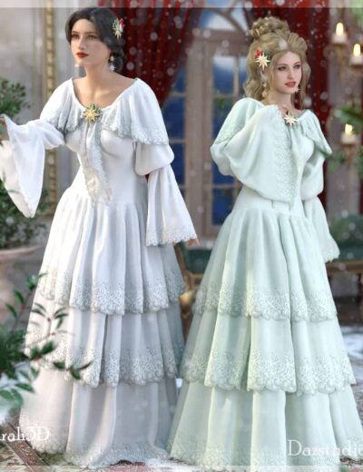 Elegant noblewomen in winter-inspired gowns standing in a magical, festive fairy-tale setting.