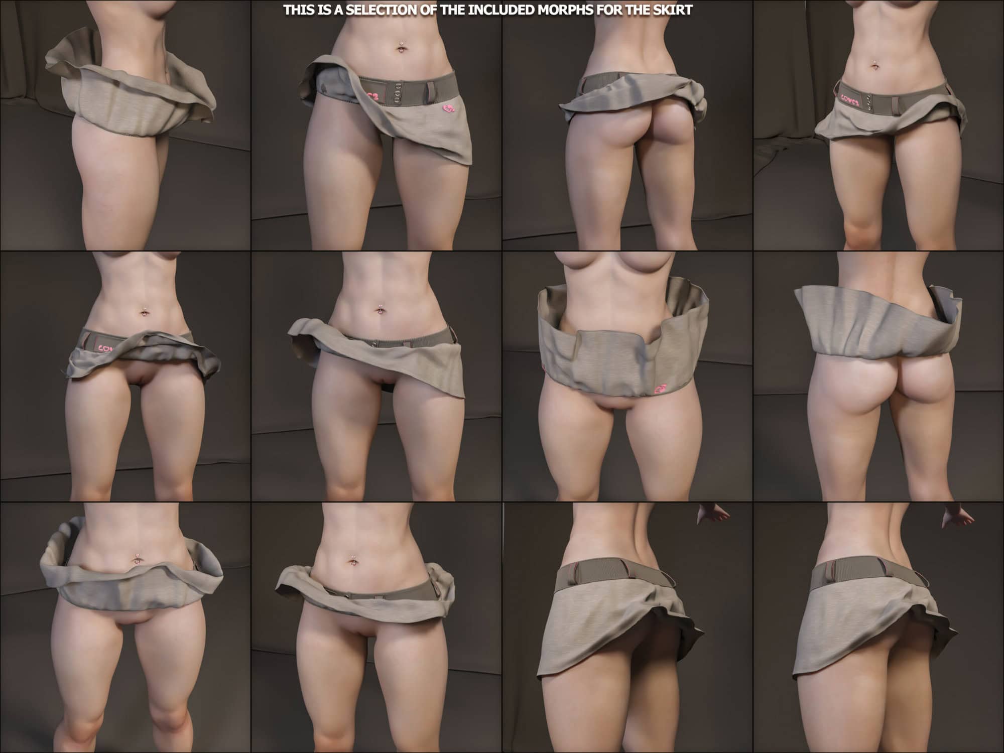 3D skirt model variations showing fabric movement for digital art and 3D design.