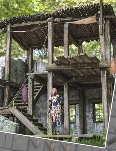 Rustic tribal forest outpost with warrior, blending ancient wilderness and digital elements.