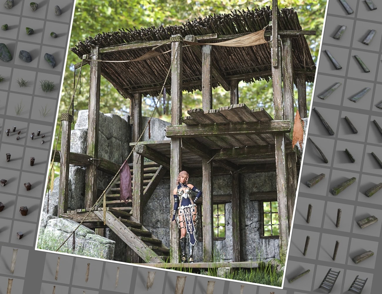 Rustic tribal forest outpost with warrior, blending ancient wilderness and digital elements.