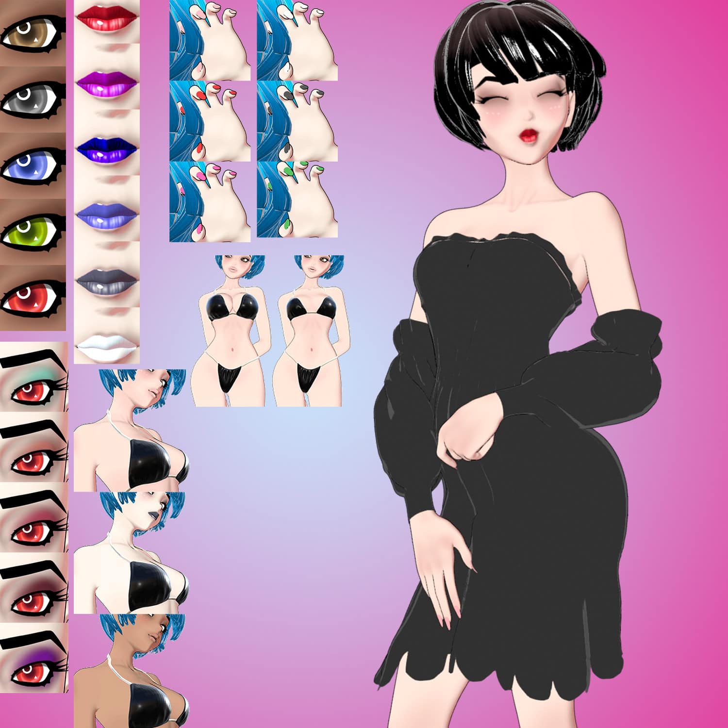 Anime female character customization menu with eye, lip, and pose options.