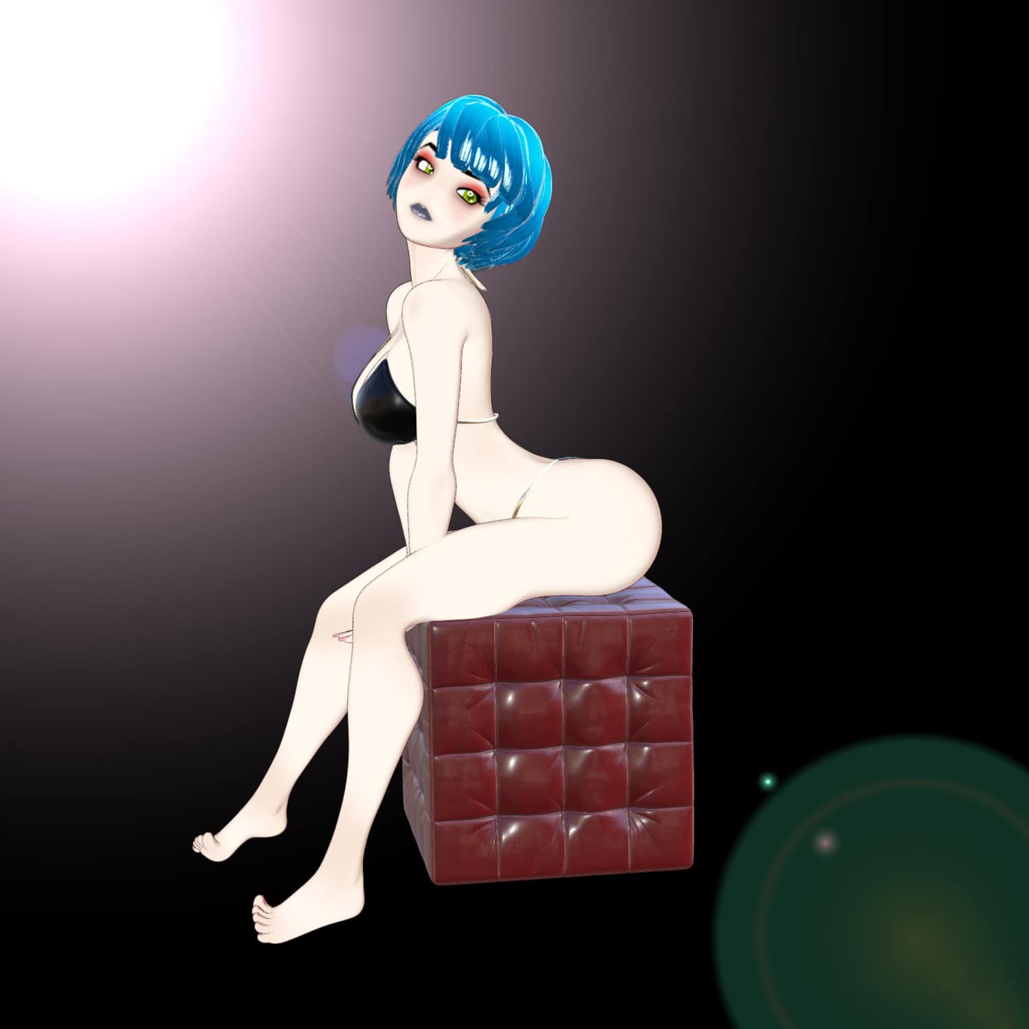 Anime-style female character sitting on red quilted cube with blue hair and dramatic lighting.