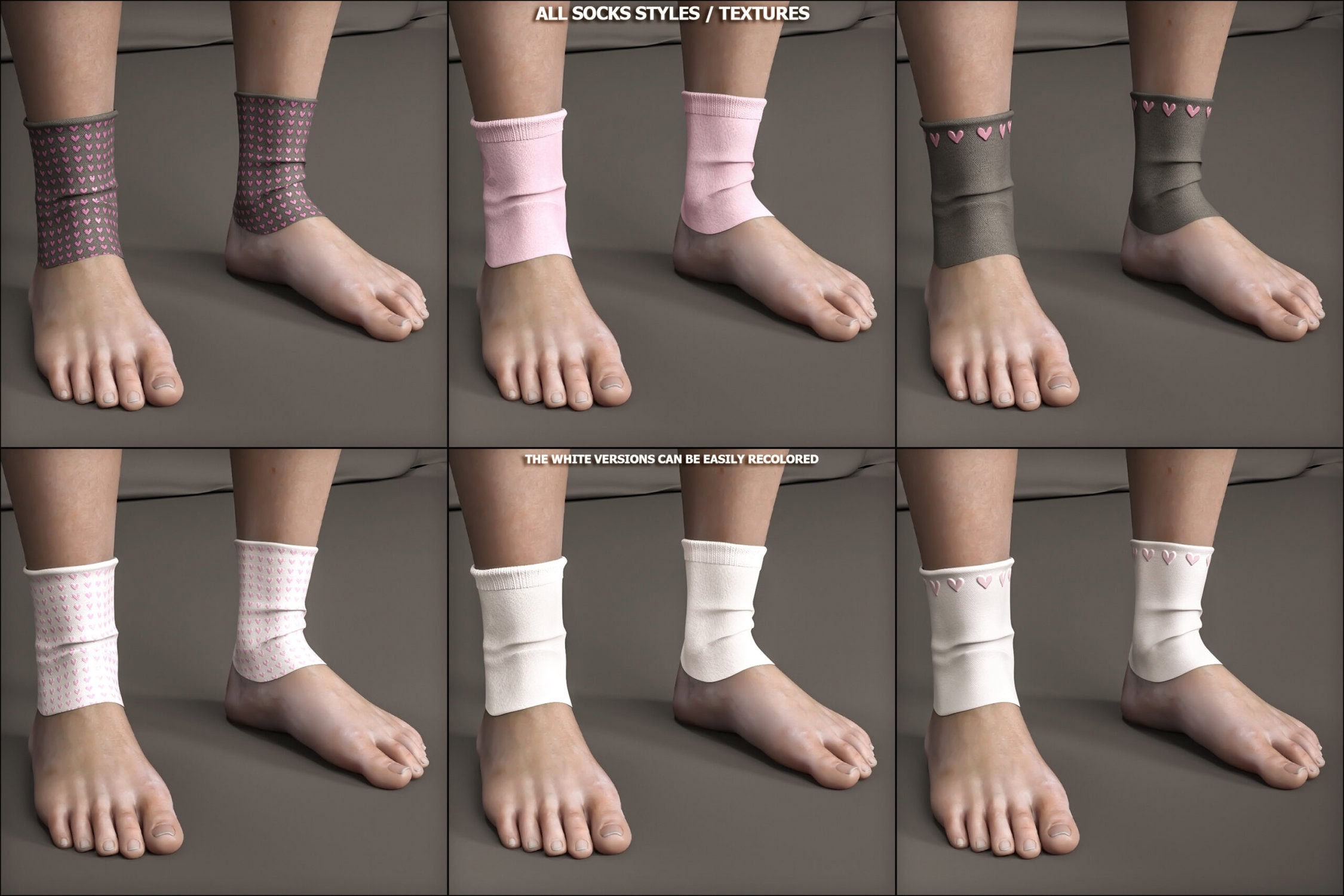 Six stylish short ankle socks with various colors, patterns, and playful designs on feet.