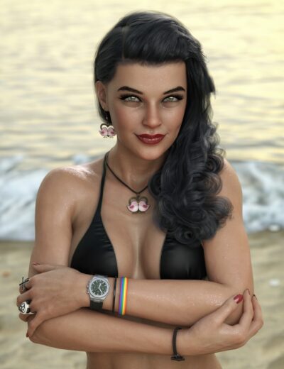 Stylish woman in black bikini on sunset beach with green eyes, wavy hair, and colorful accessories