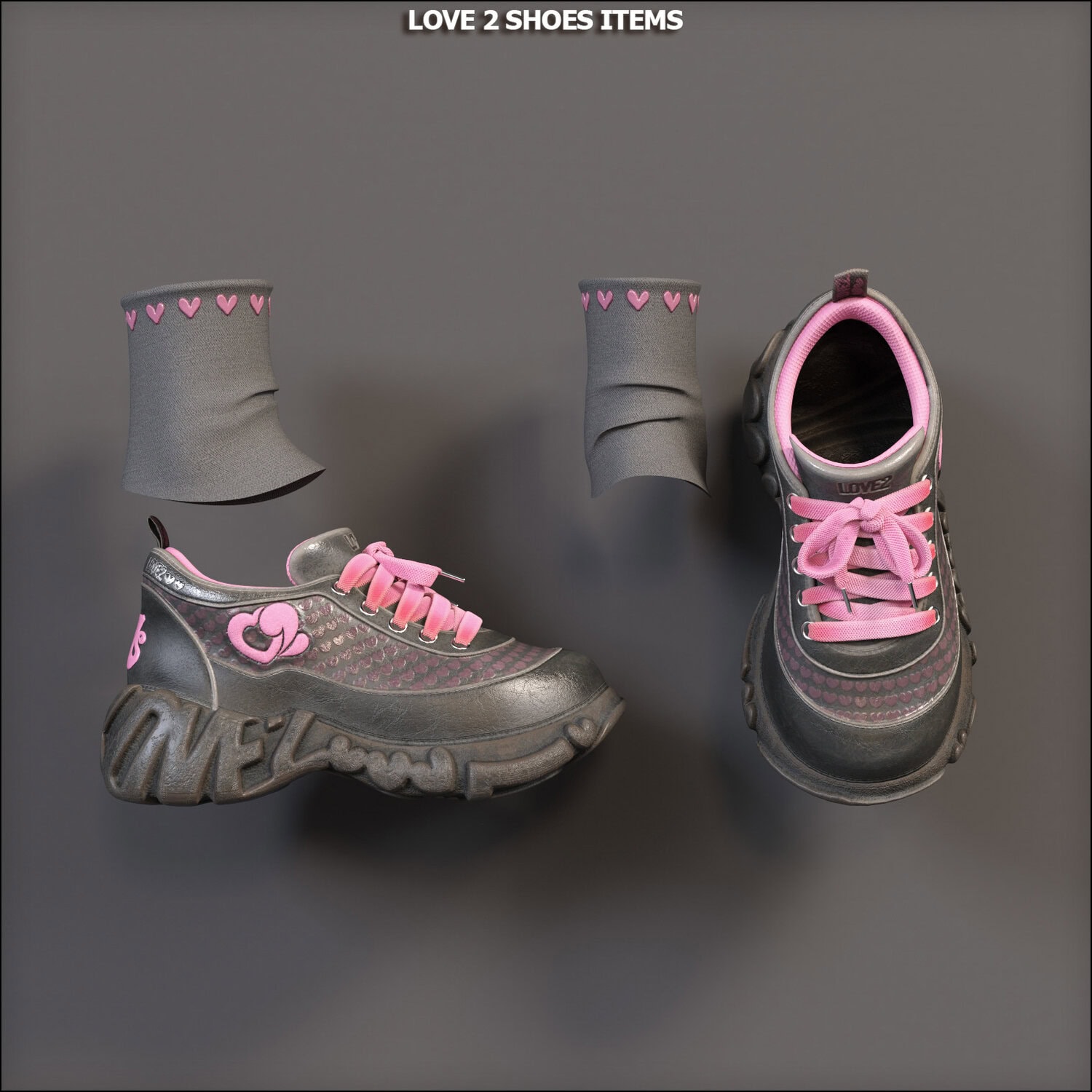 Stylish black and pink sneakers with LOVE embossing and matching heart-themed ankle socks.