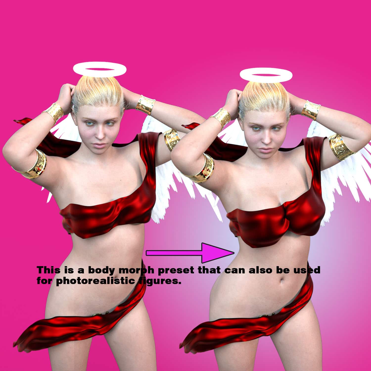 Comparison of digital angelic female figures showing different body morph presets.