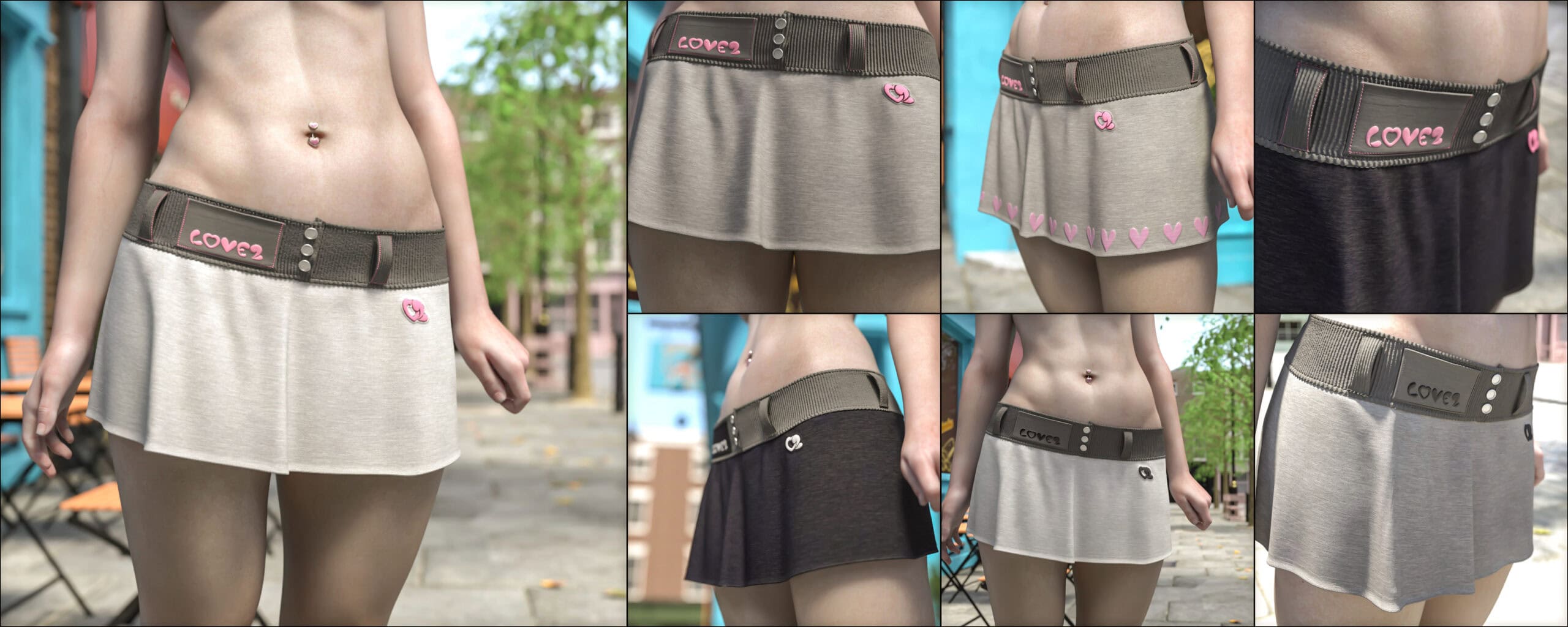 Digital rendering of trendy pleated skirts with belts in various neutral colors, outdoors in natural light.