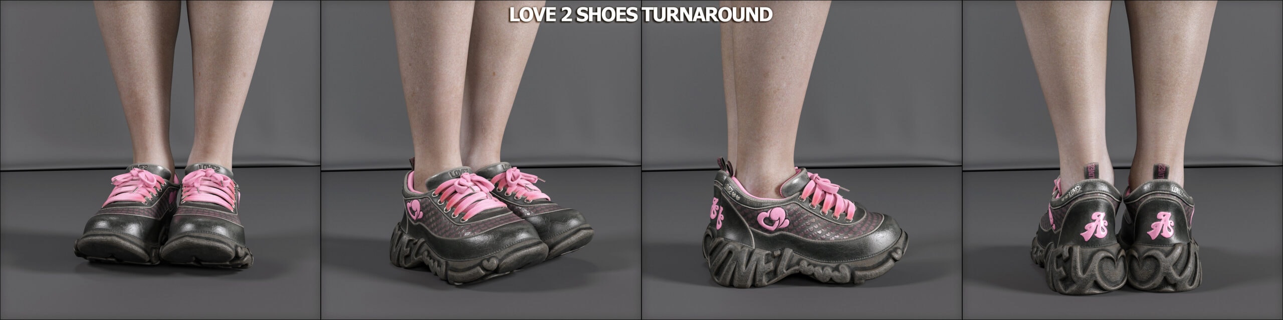 Stylish black sneakers with pink laces, chunky sole, and supportive athletic design from multiple angles.