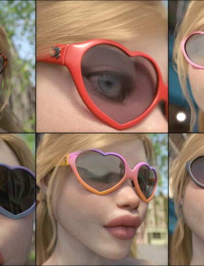 Stylized digital woman with colorful heart-shaped sunglasses in outdoor settings.