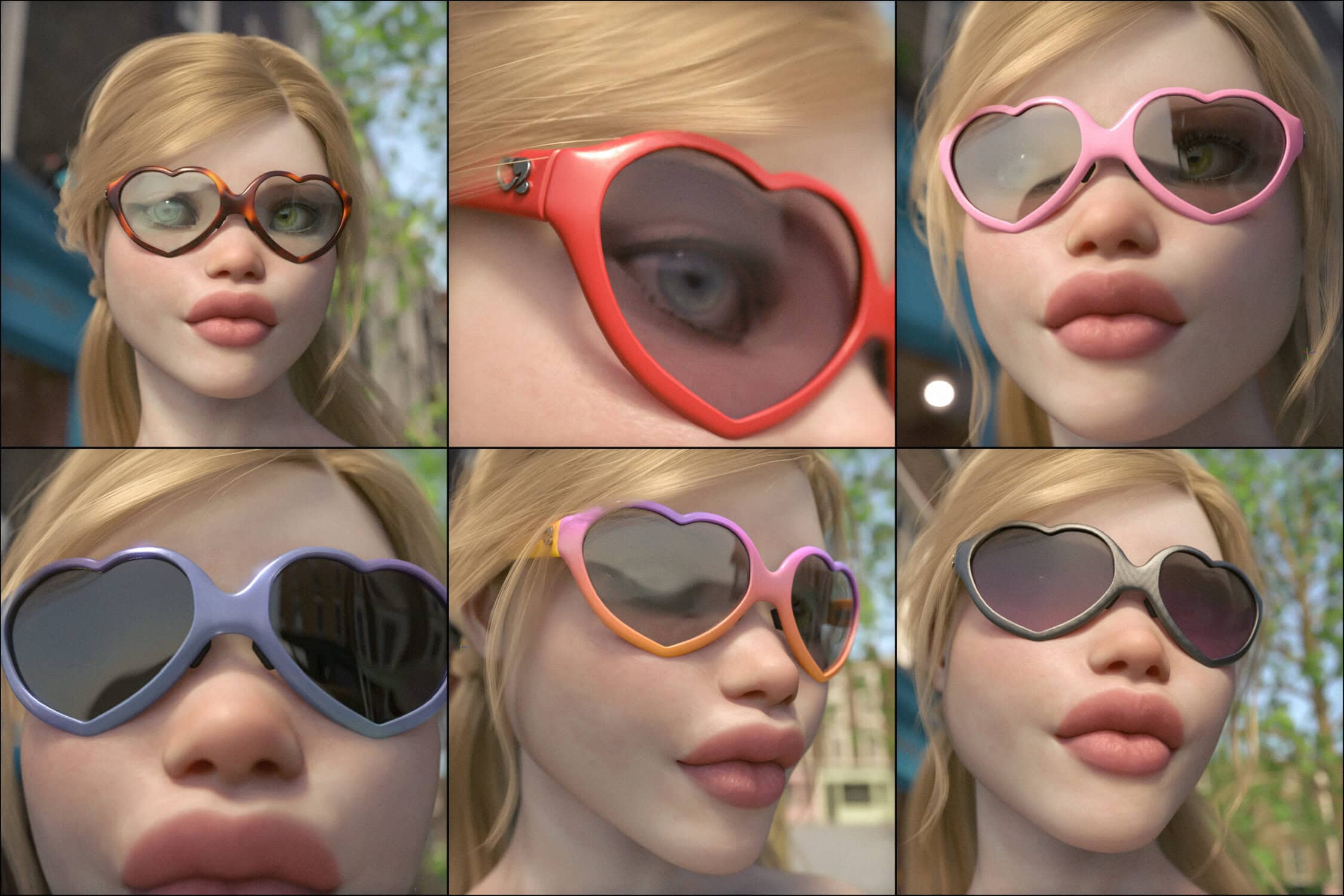 Stylized digital woman with colorful heart-shaped sunglasses in outdoor settings.
