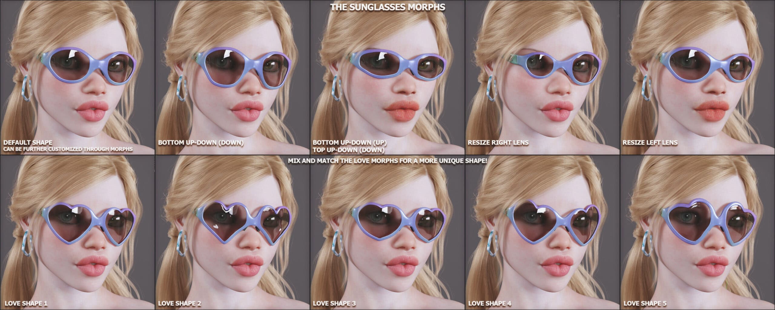 Eight 3D facial morphs of a young woman with sunglasses for digital character design.