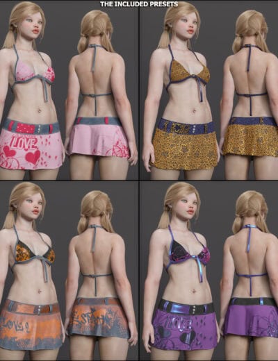 Female 3D model displaying twelve customizable bikini and mini skirt fashion variations.