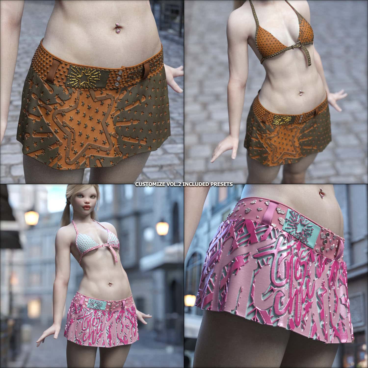 3D digital fashion collage of patterned bikinis and mini skirts on urban street background.