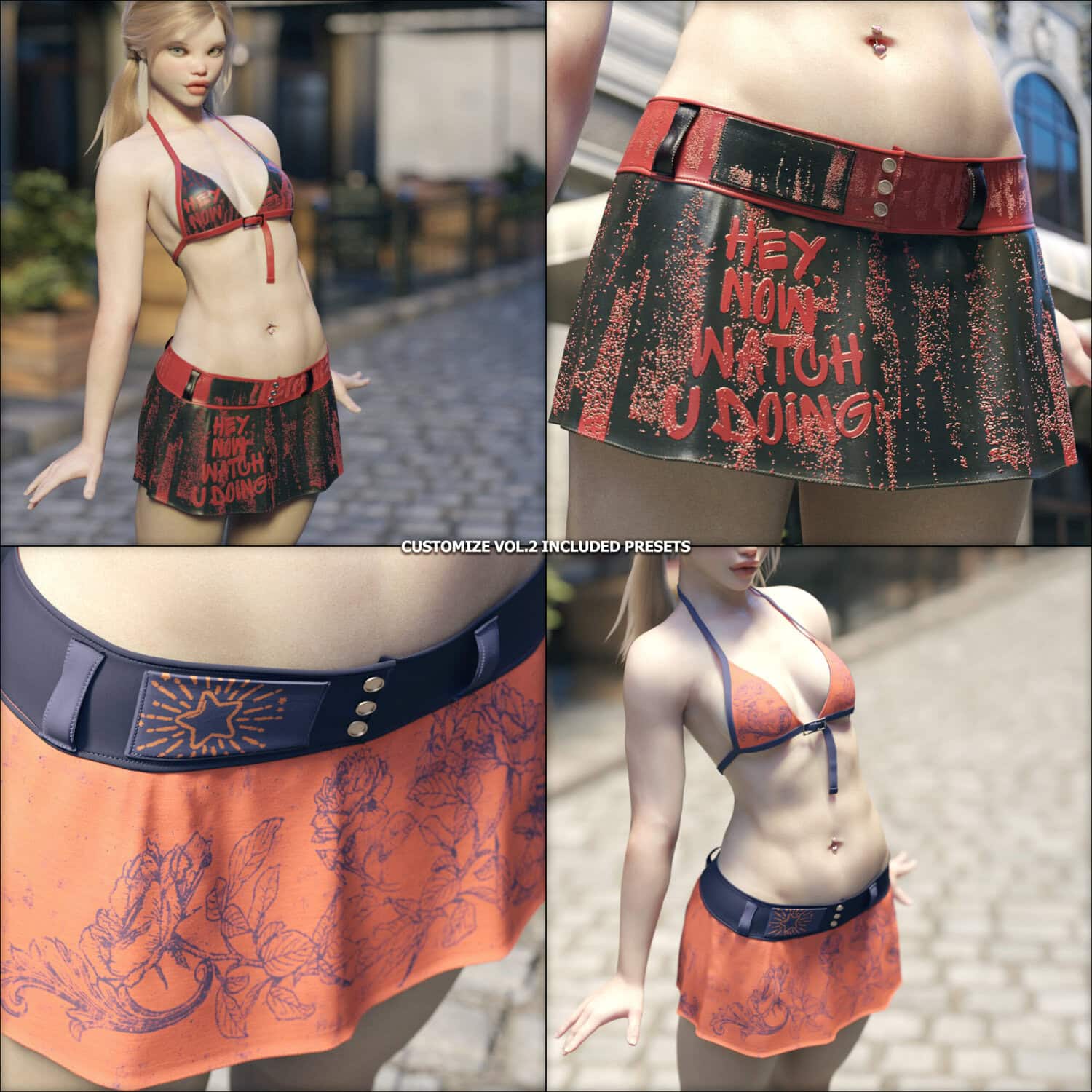 3D urban fashion model in customizable edgy bikini and skirt outfits with bold graffiti and textures.