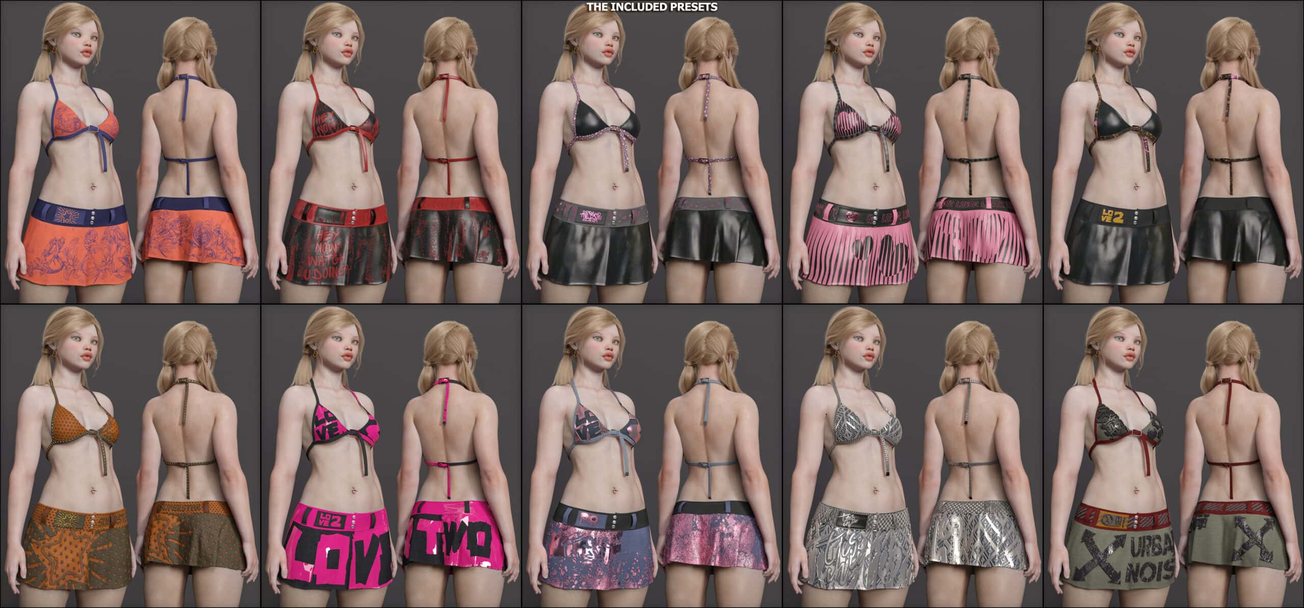 3D female models displaying vibrant digital fashion outfits with varied colors, textures, and prints.