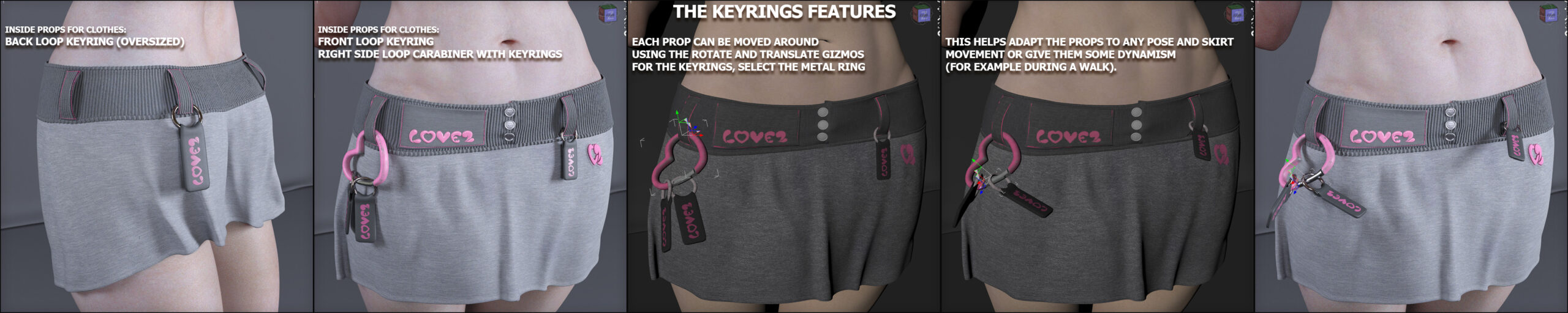 Comparison of realistic 3D skirt rendering techniques enhancing fabric detail and lighting effects.