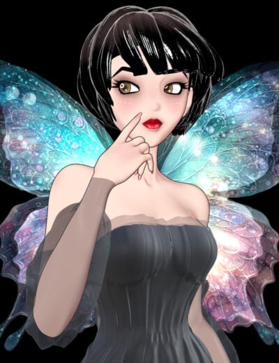 Elegant fairy woman with shimmering rainbow wings and mysterious expression against a black background.