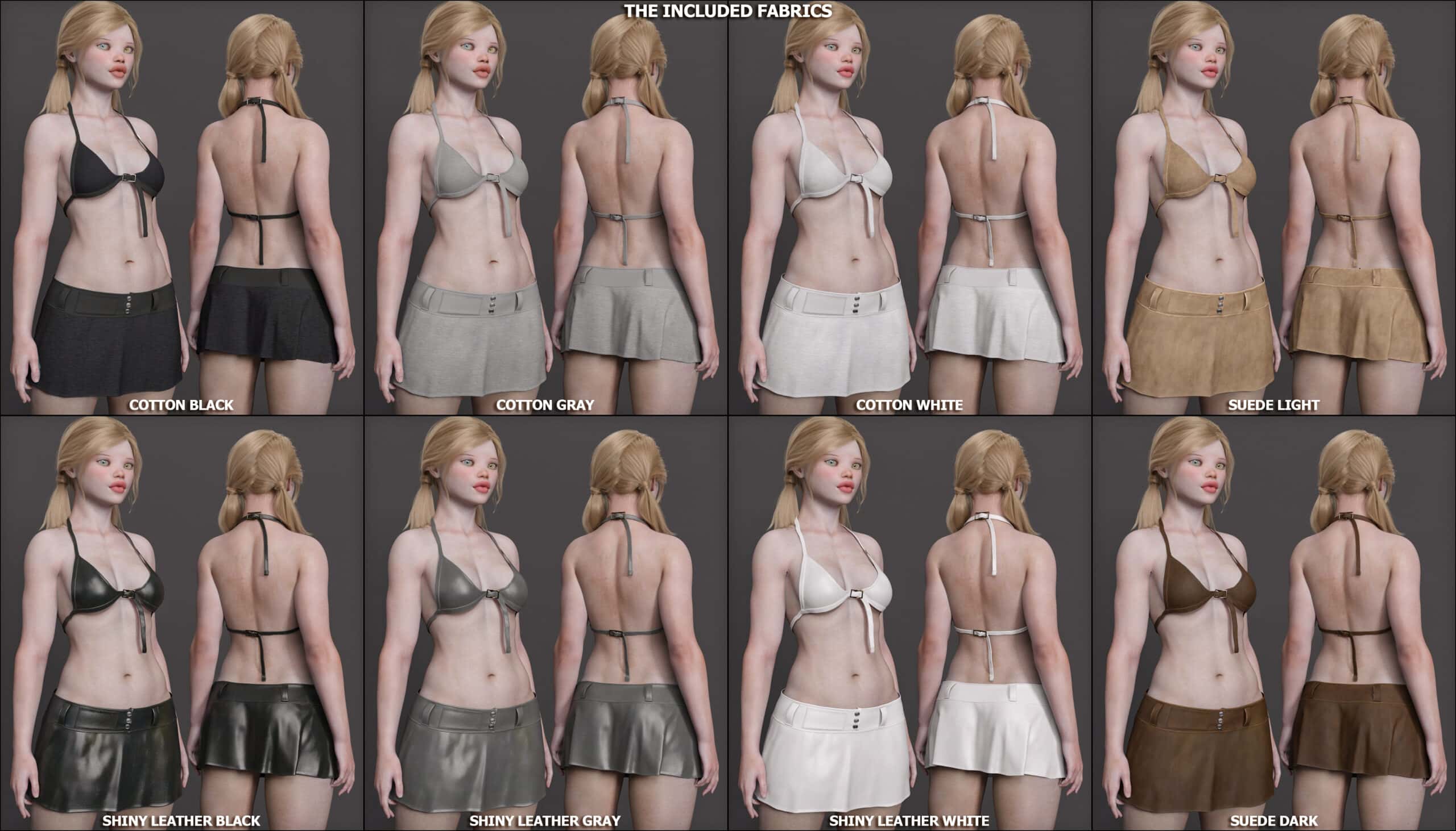 3D virtual fashion: fabric options like cotton, suede, and leather in various colors and textures