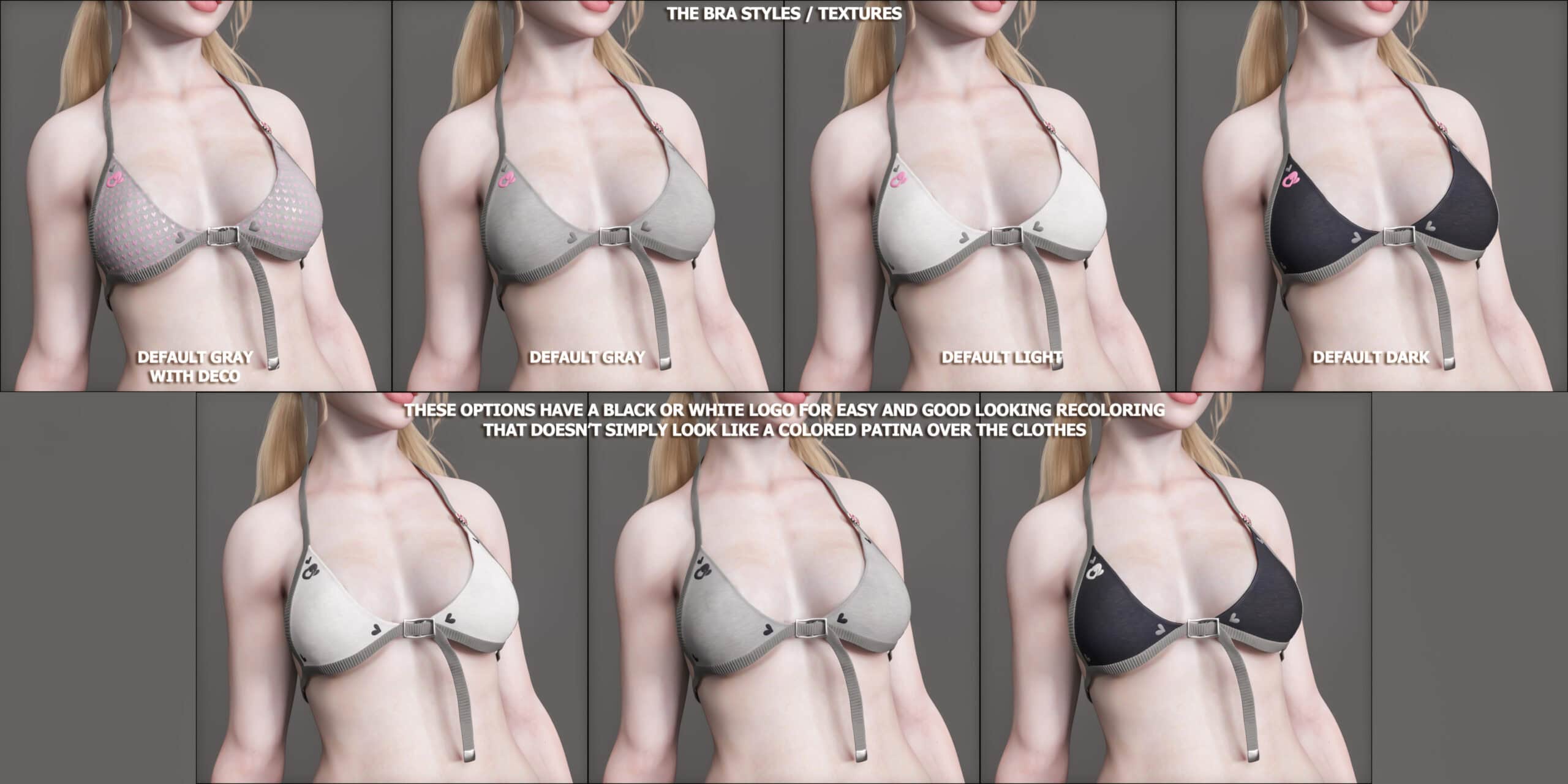 Comparison of six realistic bikini top fabric textures for 3D digital art and modeling.