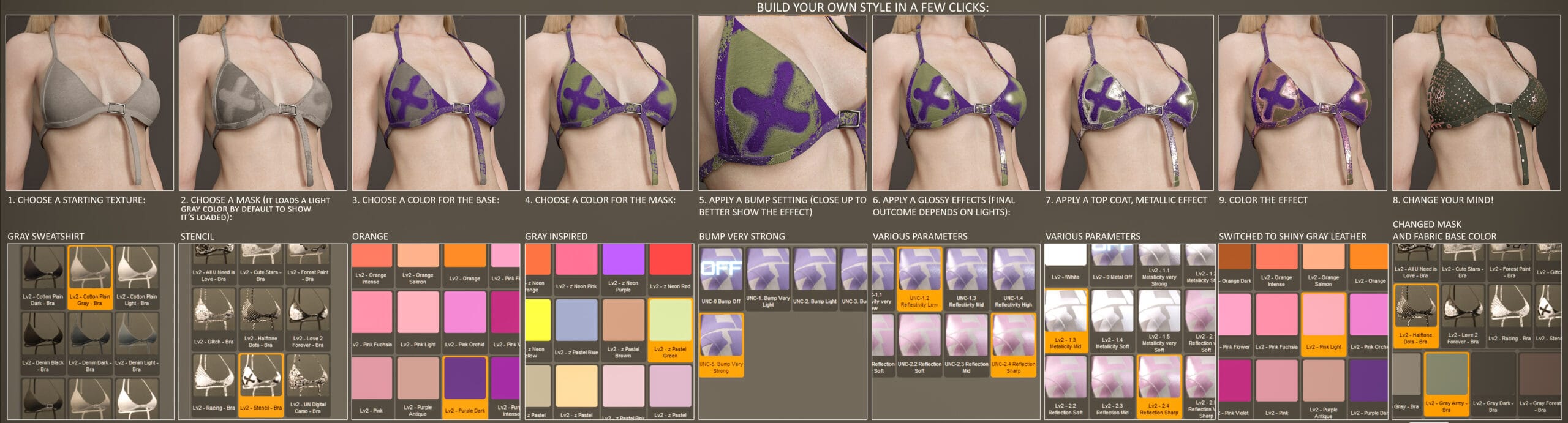 Digital 3D fabric textures and shader examples on female bikini model.