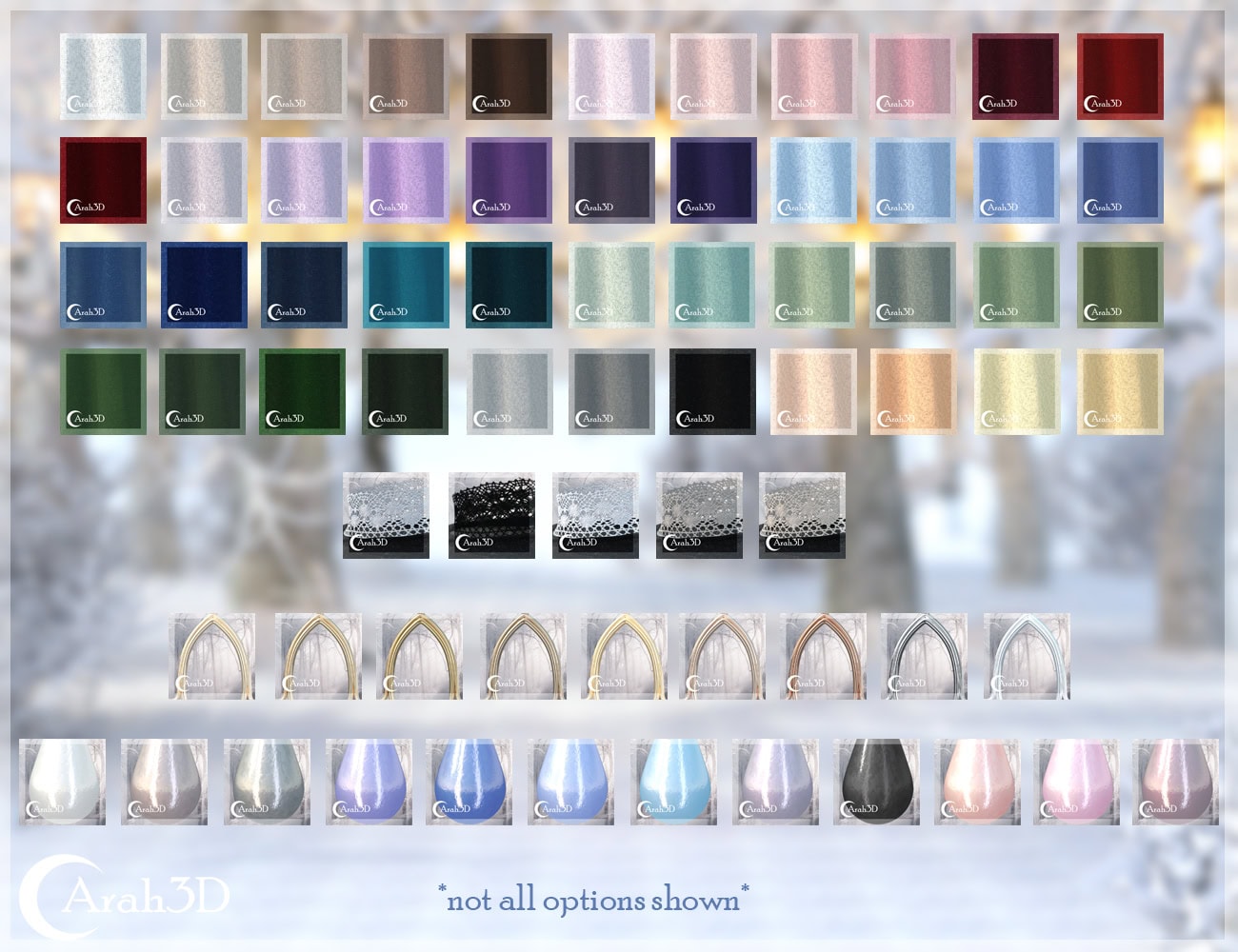 Digital fabric swatch grid showcasing textures, colors, and draped textiles for 3D design.