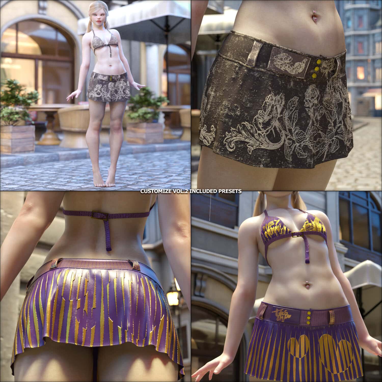 Realistic 3D female models in stylish fantasy outfits outdoors with detailed textures and vibrant settings.