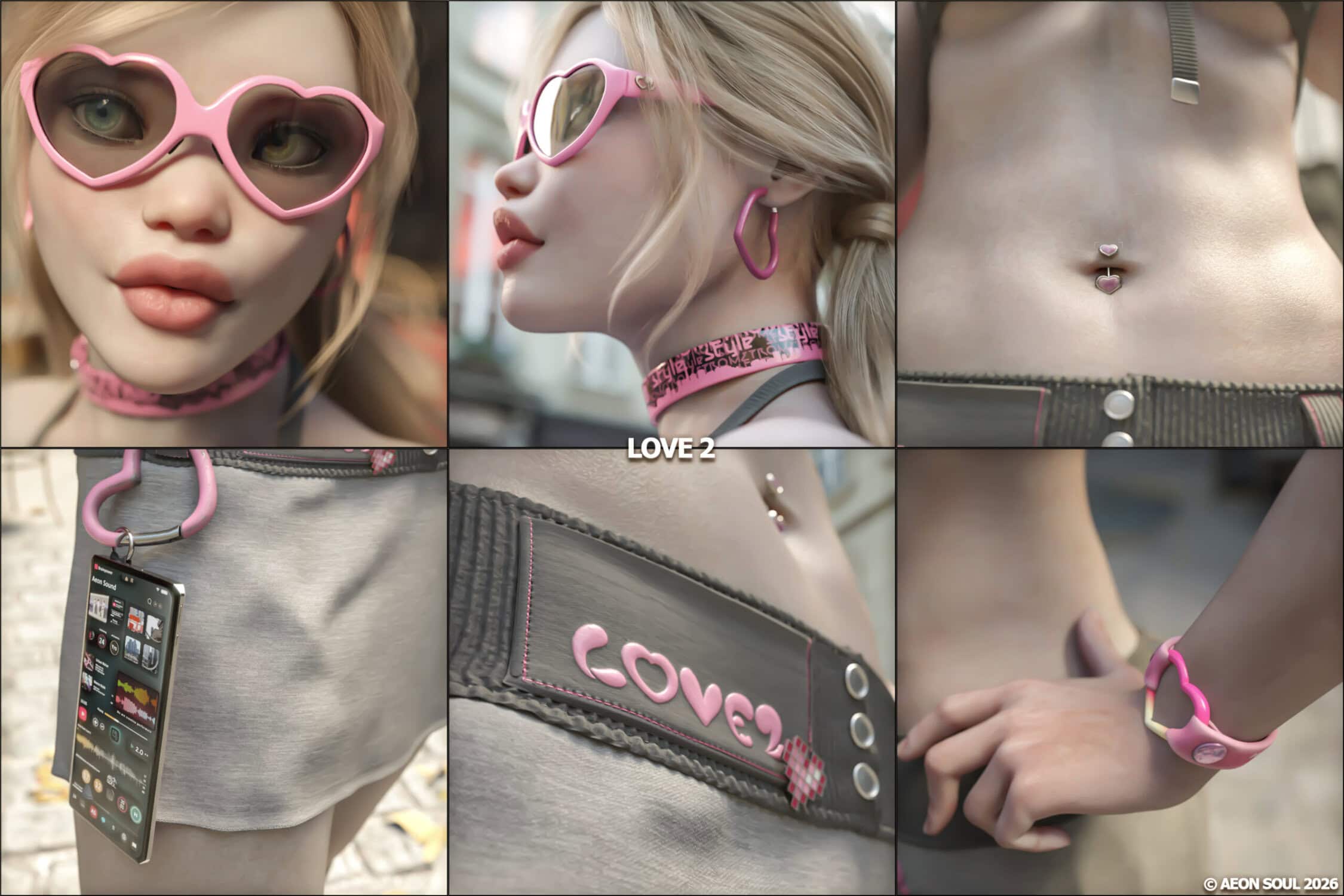 Digital female portrait with pink accessories, trendy fashion, and stylish details in pastel tones.