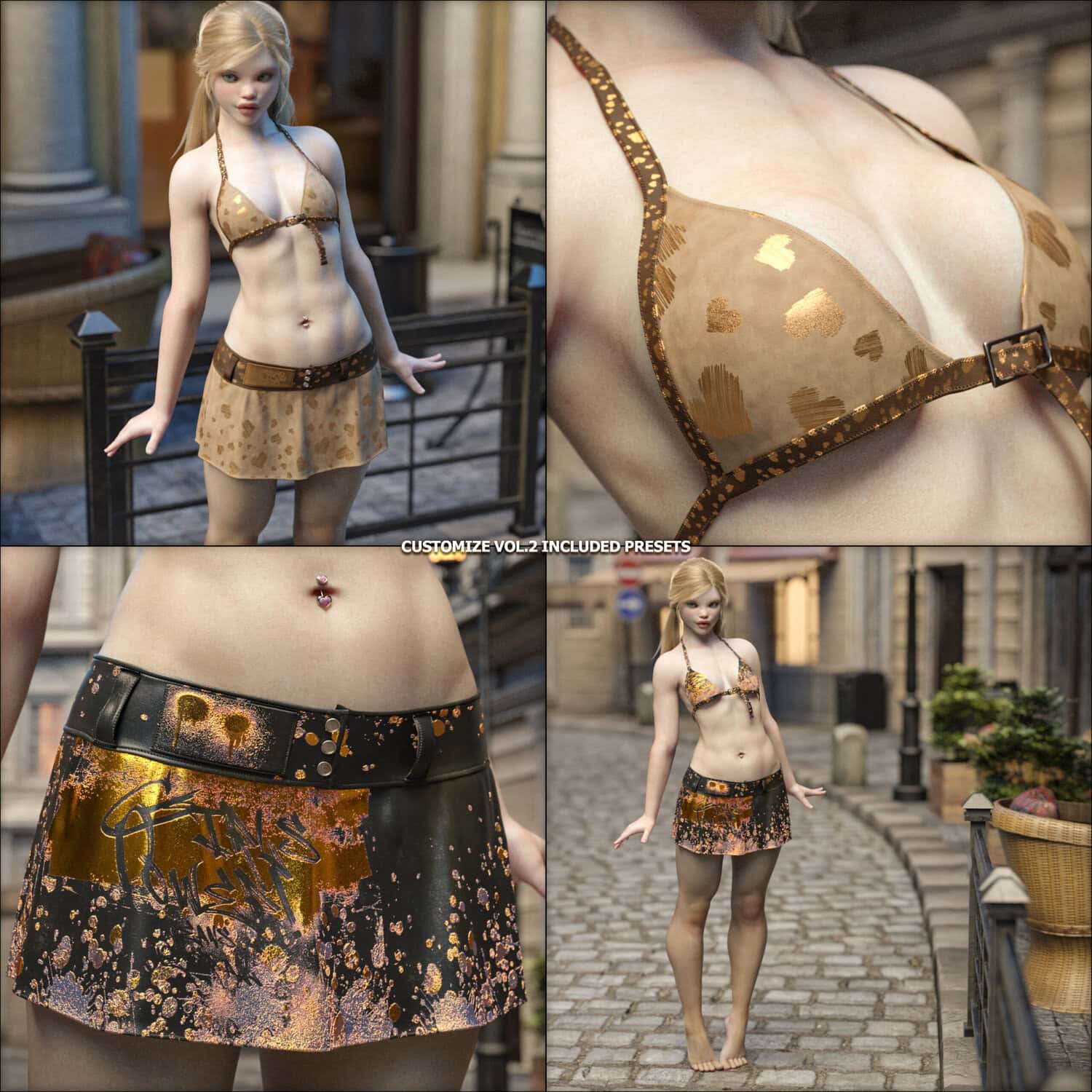3D female model in stylish outfit on European street with realistic textures and golden-hour lighting.