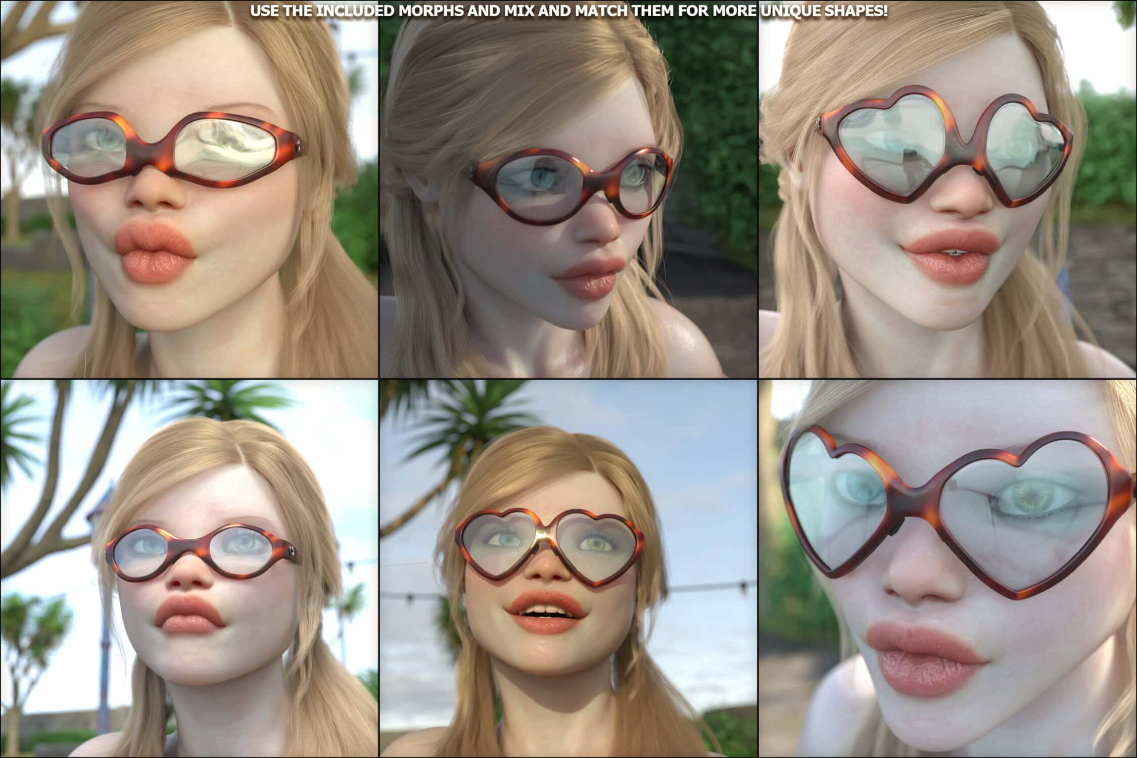 Six stylish 3D female portraits showcasing customizable facial expressions and sunglasses outdoors.