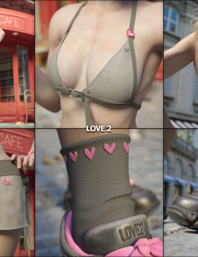 3D female model in urban café outfit with pink accents, sneakers, and detailed background.