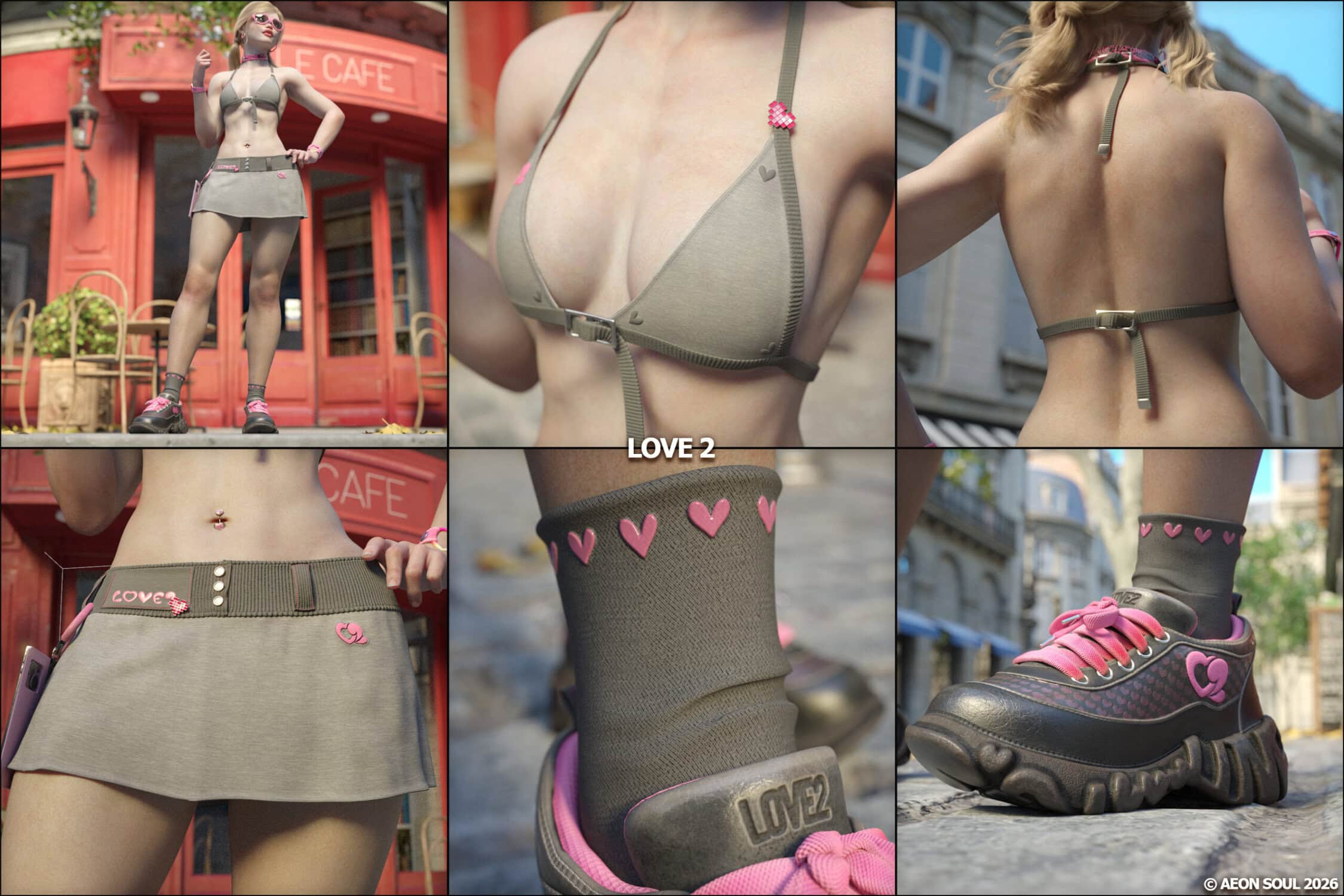 3D female model in urban café outfit with pink accents, sneakers, and detailed background.