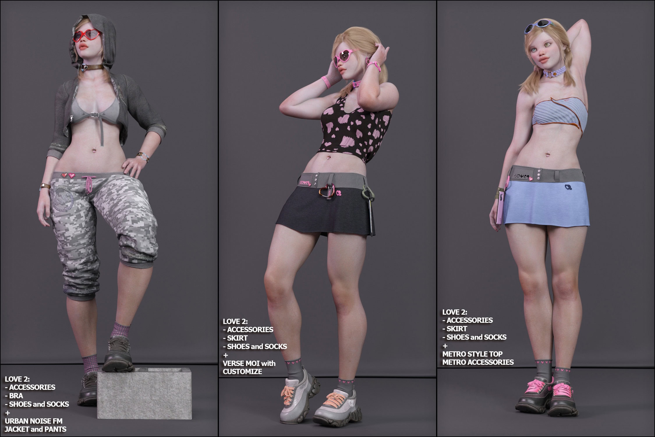 Three realistic women in trendy street, playful, and sporty outfits against a neutral background.