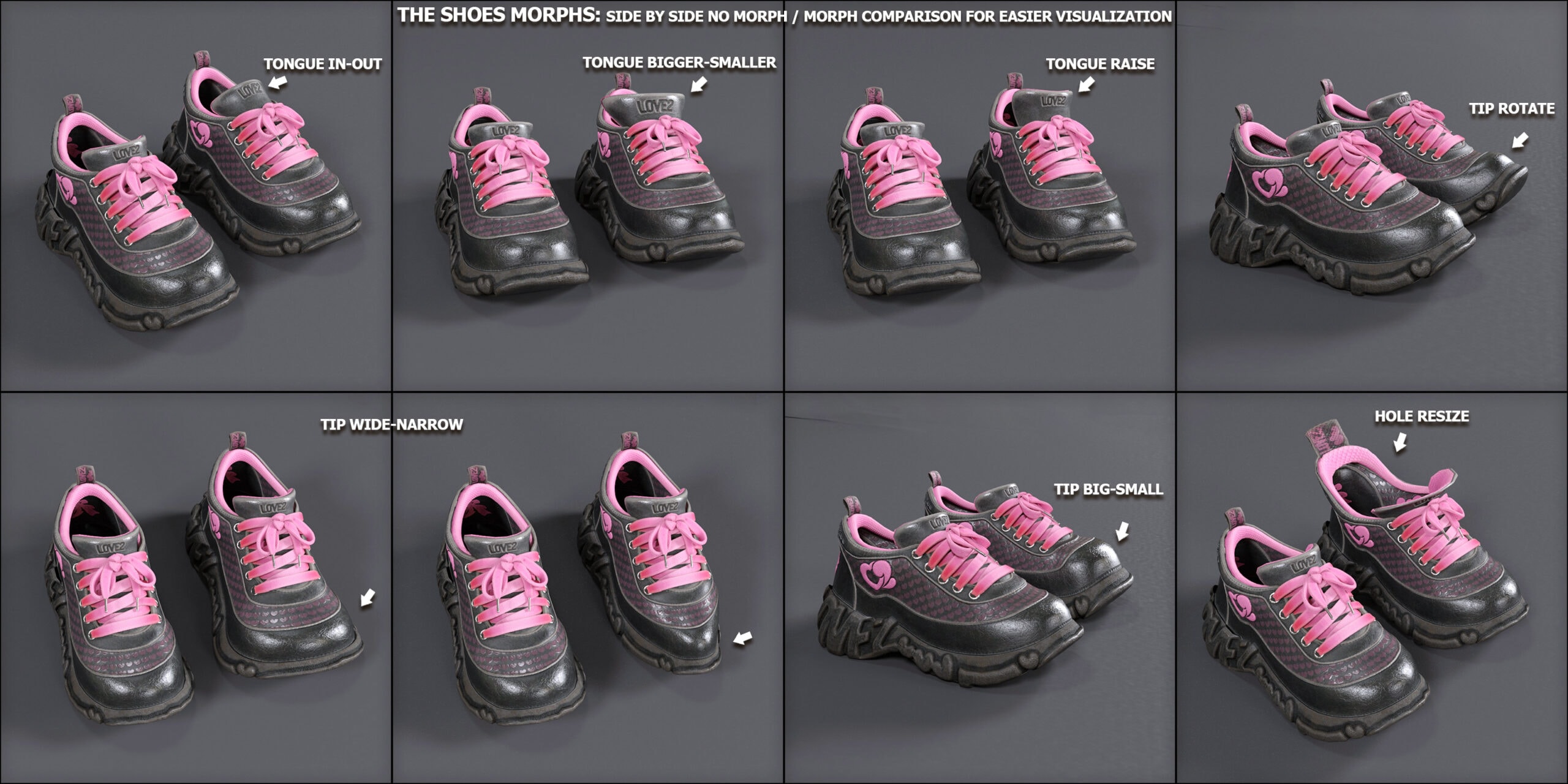 Comparison of 3D sneaker morphs for customized footwear design and style optimization.