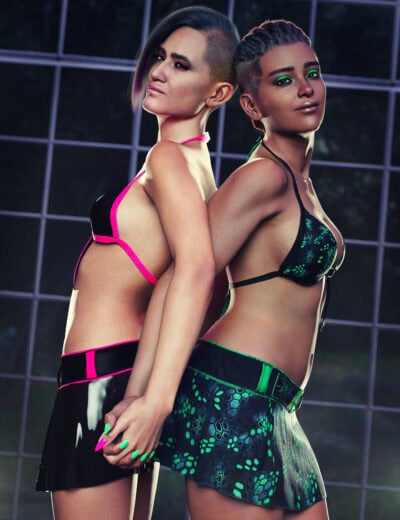 Two women in futuristic cyberpunk fashion pose confidently in a glowing high-tech environment.