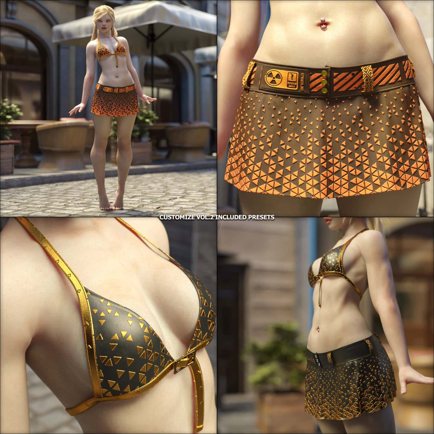 3D female model in futuristic metallic bronze and gold bikini and skirt, realistic reflections and intricate textures.