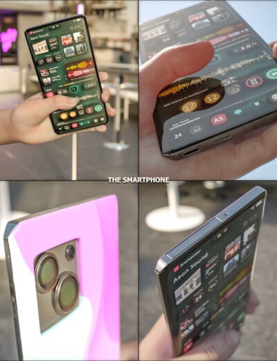 Futuristic smartphone with sleek design, advanced camera, vibrant display, and versatile features in urban settings.