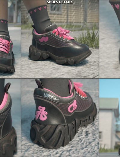 Black and pink futuristic platform sneakers with playful graphics and bold street style details.