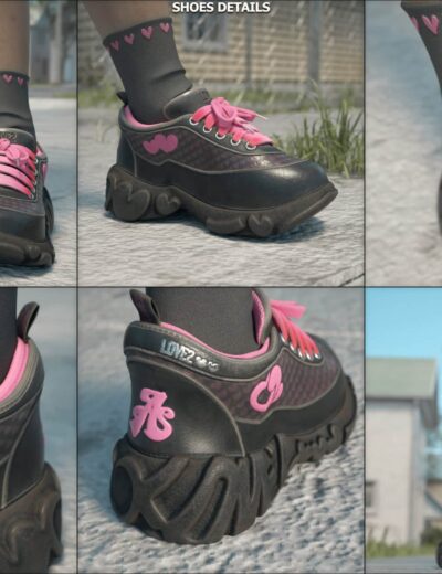 Futuristic Black and Pink Platform Sneakers with Playful Details Black and pink futuristic platform sneakers with playful graphics and bold street style details.