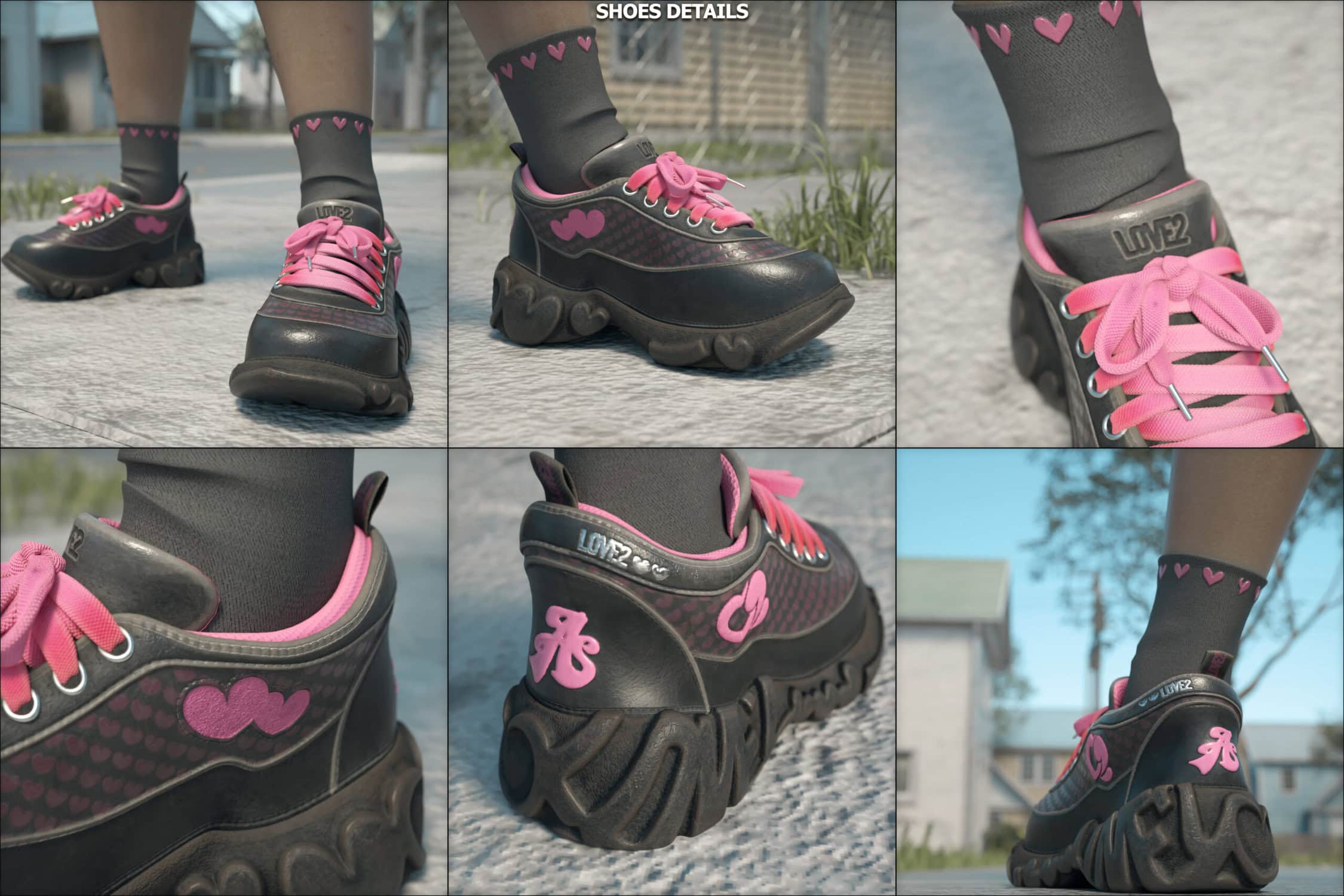 Black and pink futuristic platform sneakers with playful graphics and bold street style details.