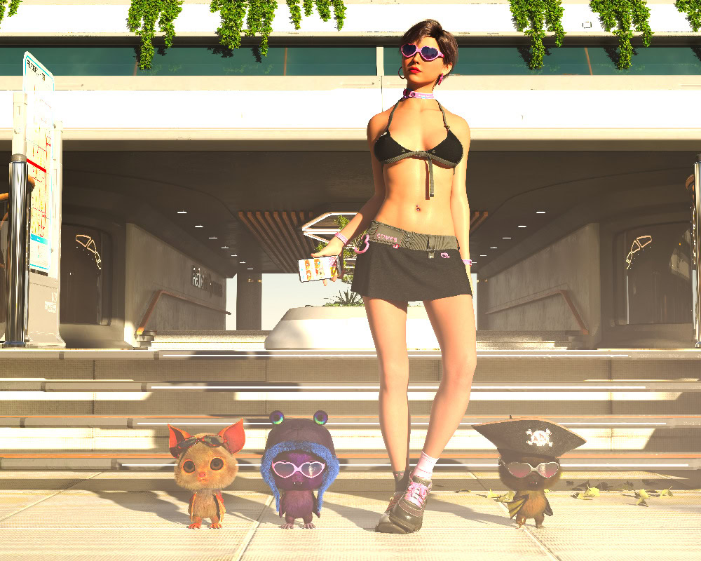 Fashionable woman with animated critters in futuristic city scene at midday.