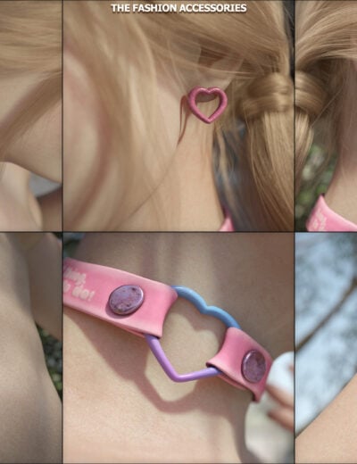 Youthful heart-shaped jewelry set with earrings, choker, bracelet, and belly button ring in pastel tones.