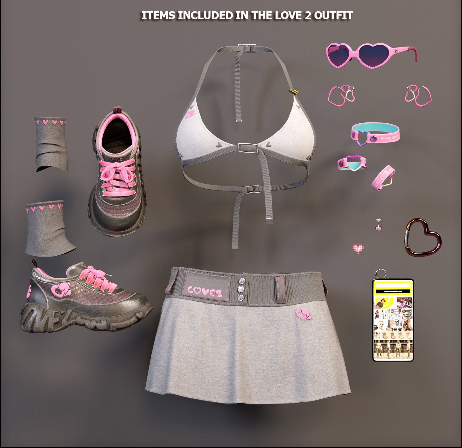 Chic love-themed outfit with pink accessories, gray sneakers, and stylish beachwear on neutral background.