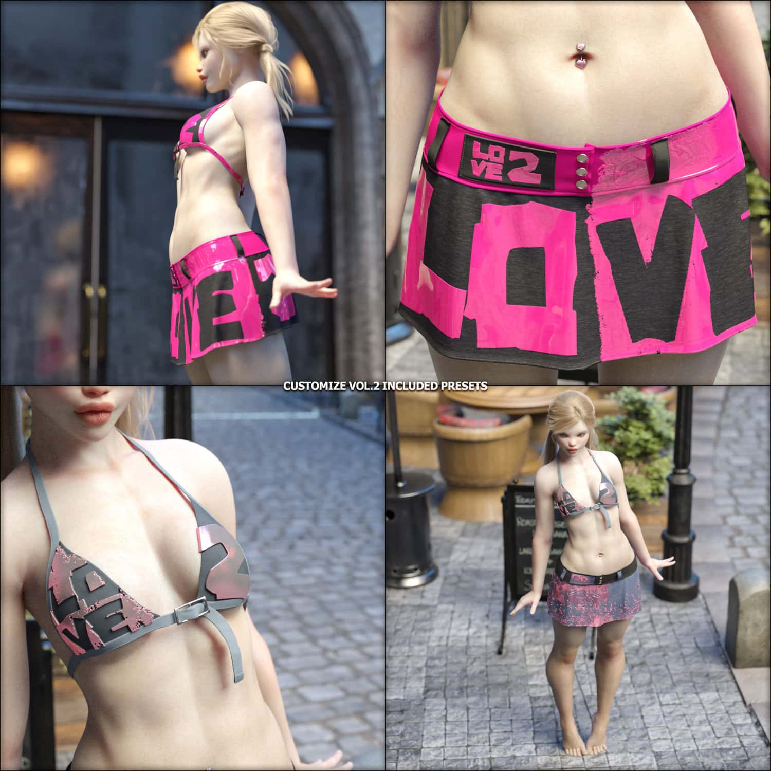 3D female model in bold pink and black LOVE streetwear on urban city street