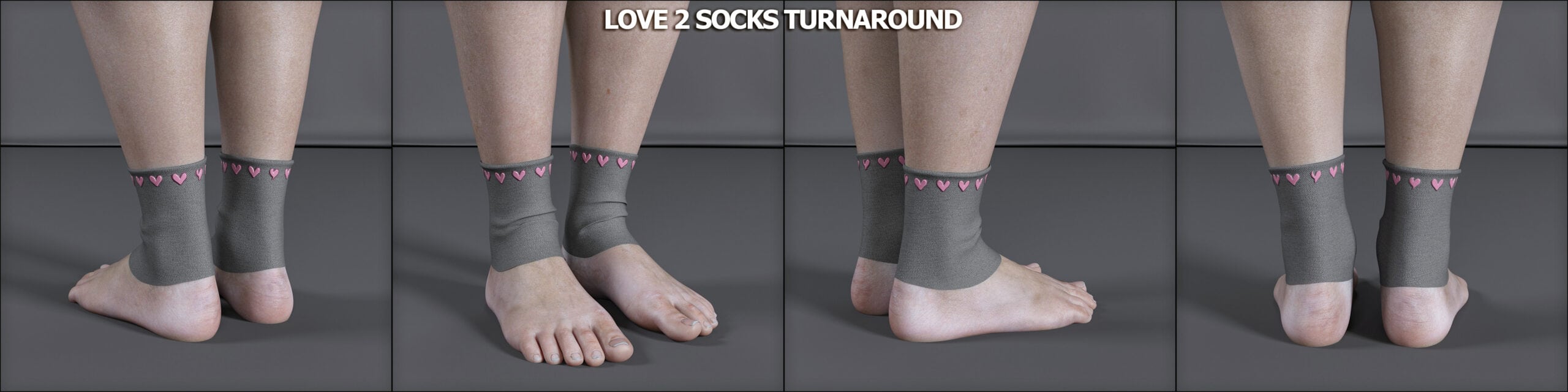 Four angles of gray ankle socks with pink hearts, showing fit, texture, and playful design.