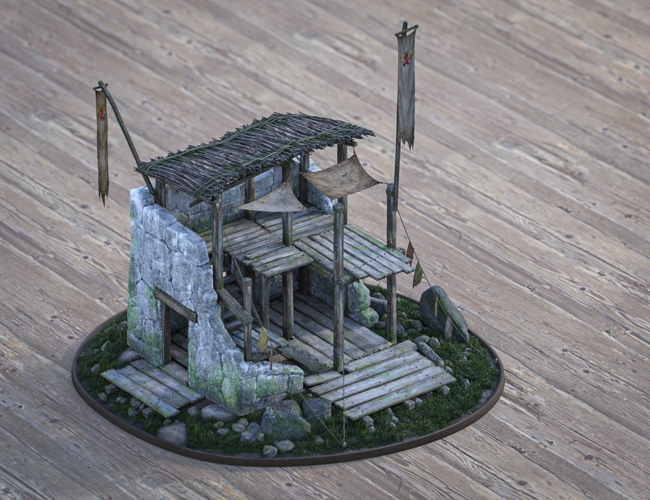 Medieval ruin diorama with weathered wooden, stone structure, tattered banners, moss, and natural details.