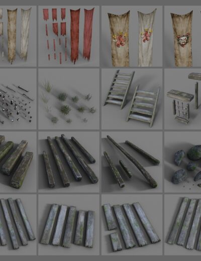 Medieval weathered environment assets: banners, wood props, rocks, moss logs, and grass for rustic scenes.