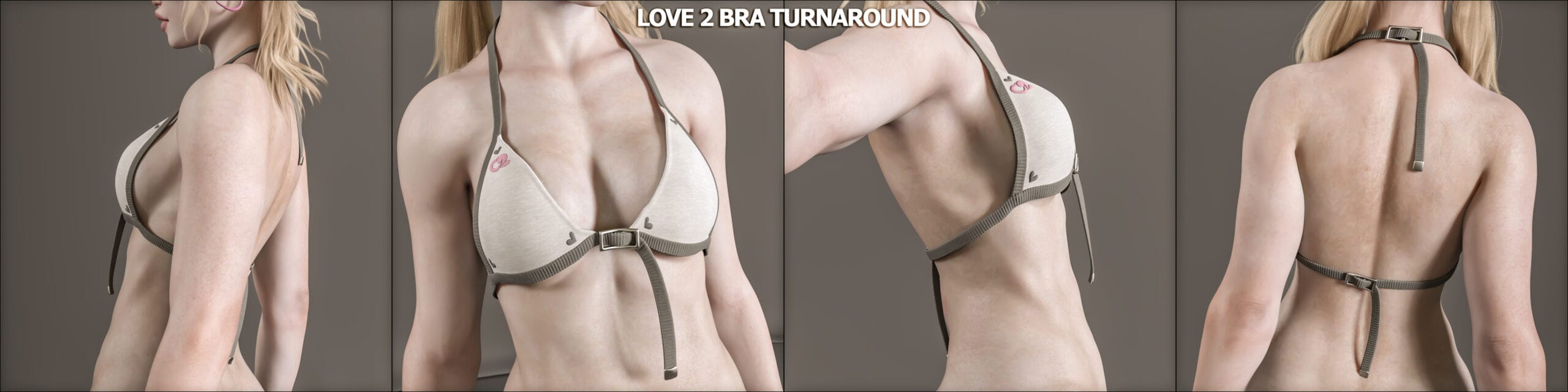 Front, side, and back views of a minimalist beige halter bra with green straps on gray background.